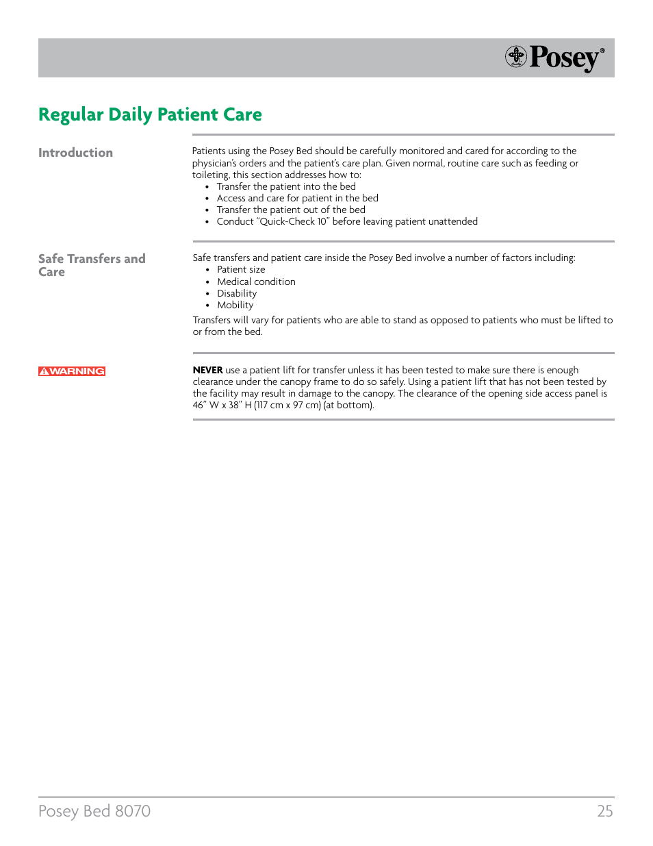 Regular daily patient care | Posey Bed 8070 User Manual | Page 25 / 36