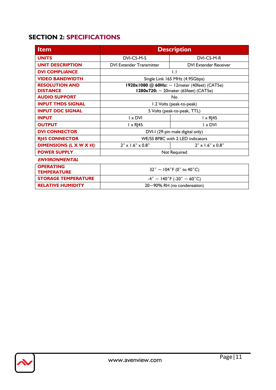 Section 2: specifications, Page|11 | Avenview DVI-C5-M-SET User Manual | Page 11 / 13