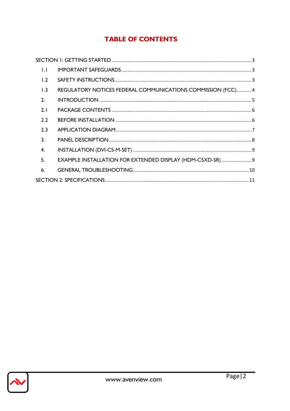 Page|2 | Avenview DVI-C5-M-SET User Manual | Page 2 / 13