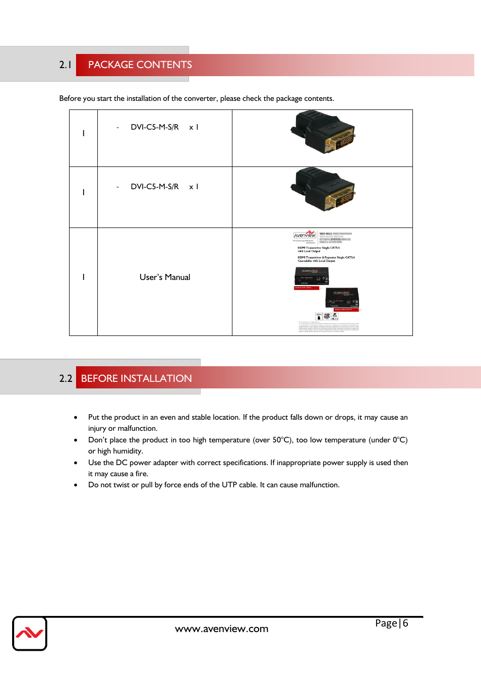 Package contents, Before installation, Page|6 | Avenview DVI-C5-M-SET User Manual | Page 6 / 13