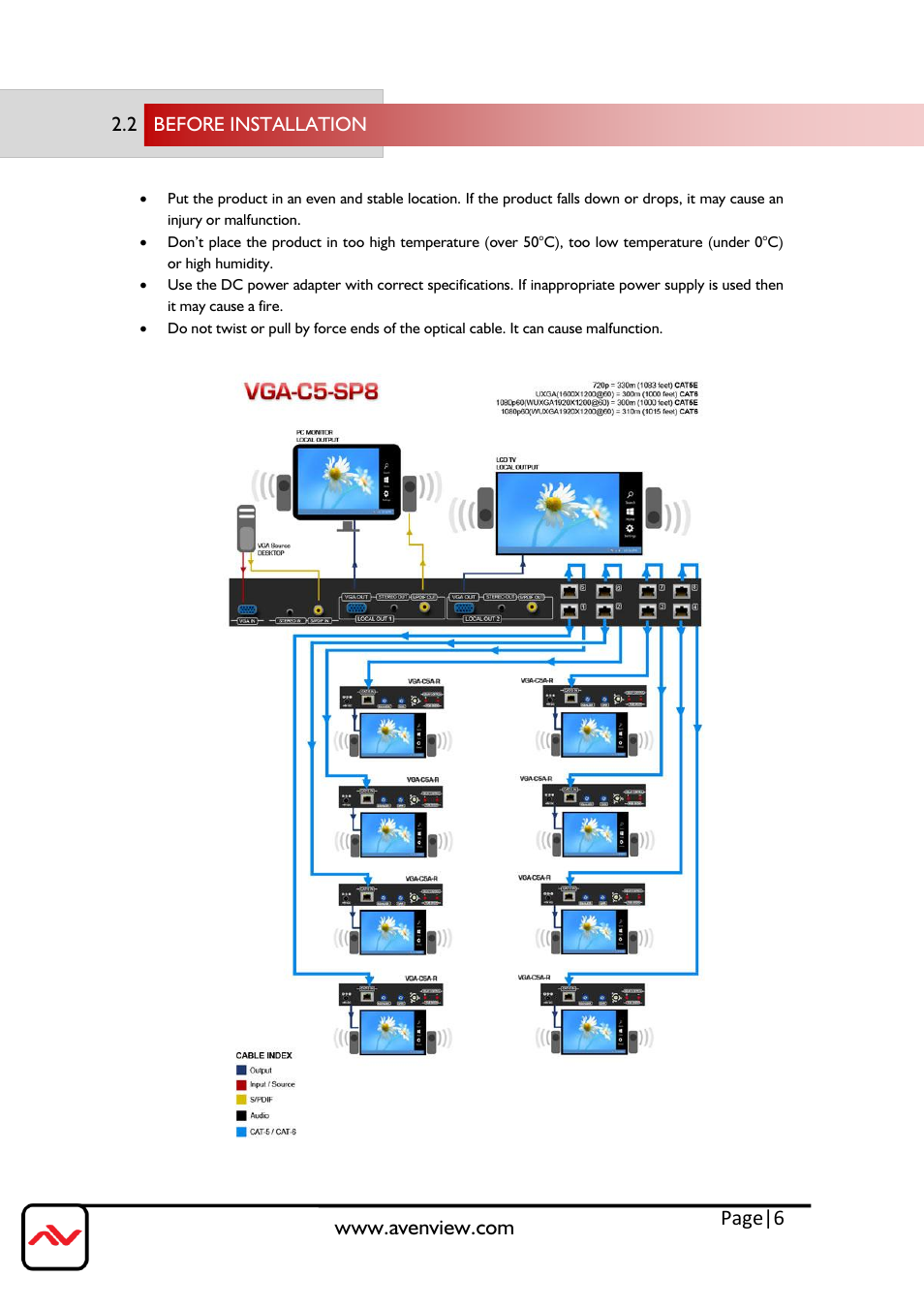 Before installation, Page|6, 2 before installation | Avenview VGA-C5A-R User Manual | Page 6 / 9