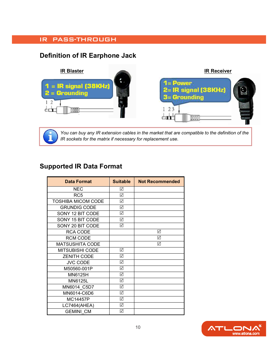 Definition of ir earphone jack, Supported ir data format | Atlona AT-HD88M-SR User Manual | Page 12 / 24