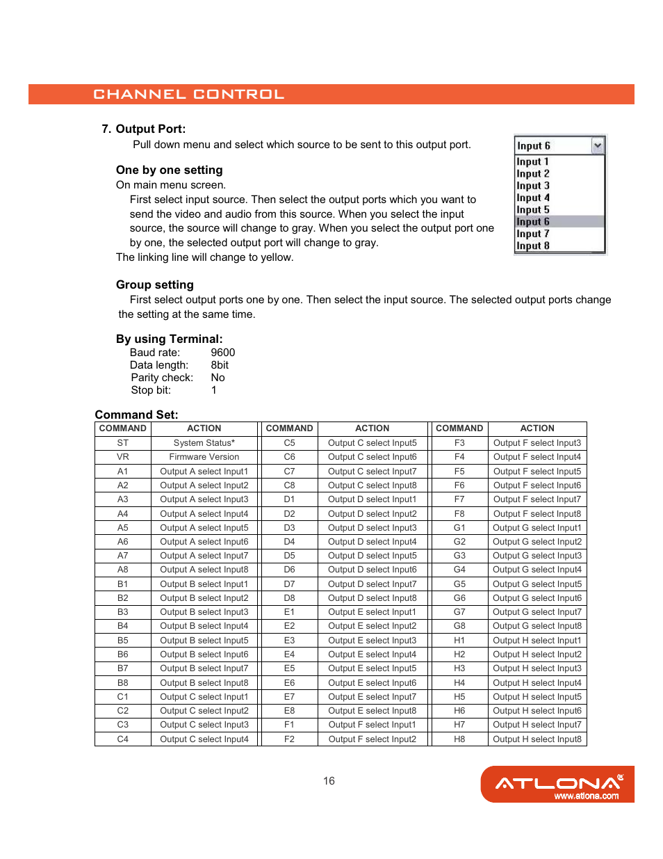 Output port, One by one setting, Group setting | By using terminal, Command set | Atlona AT-HD88M-SR User Manual | Page 18 / 24