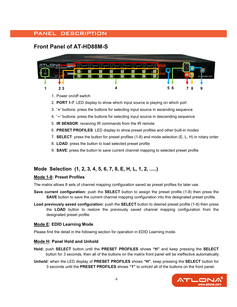 Front panel of at-hd88m-s | Atlona AT-HD88M-SR User Manual | Page 6 / 24