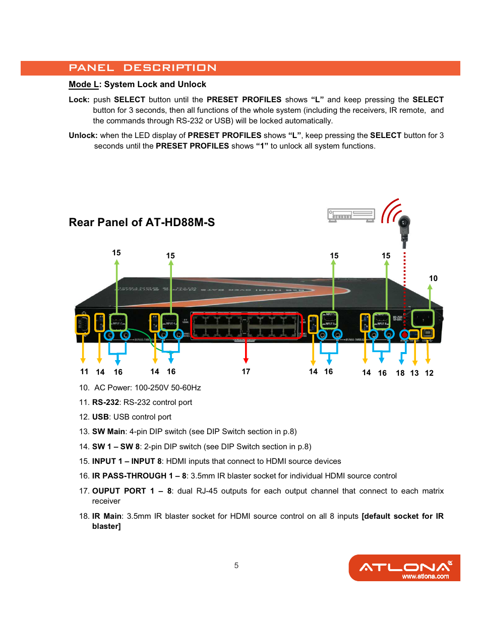 Rear panel of at-hd88m-s | Atlona AT-HD88M-SR User Manual | Page 7 / 24