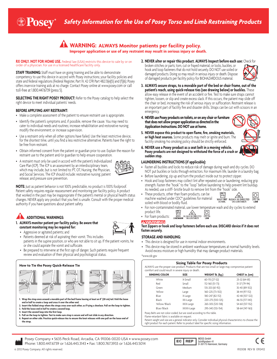 Warning, Always monitor patients per facility policy | Posey Quick-Release Twice-as-Tough™ Cuffs User Manual | Page 2 / 2