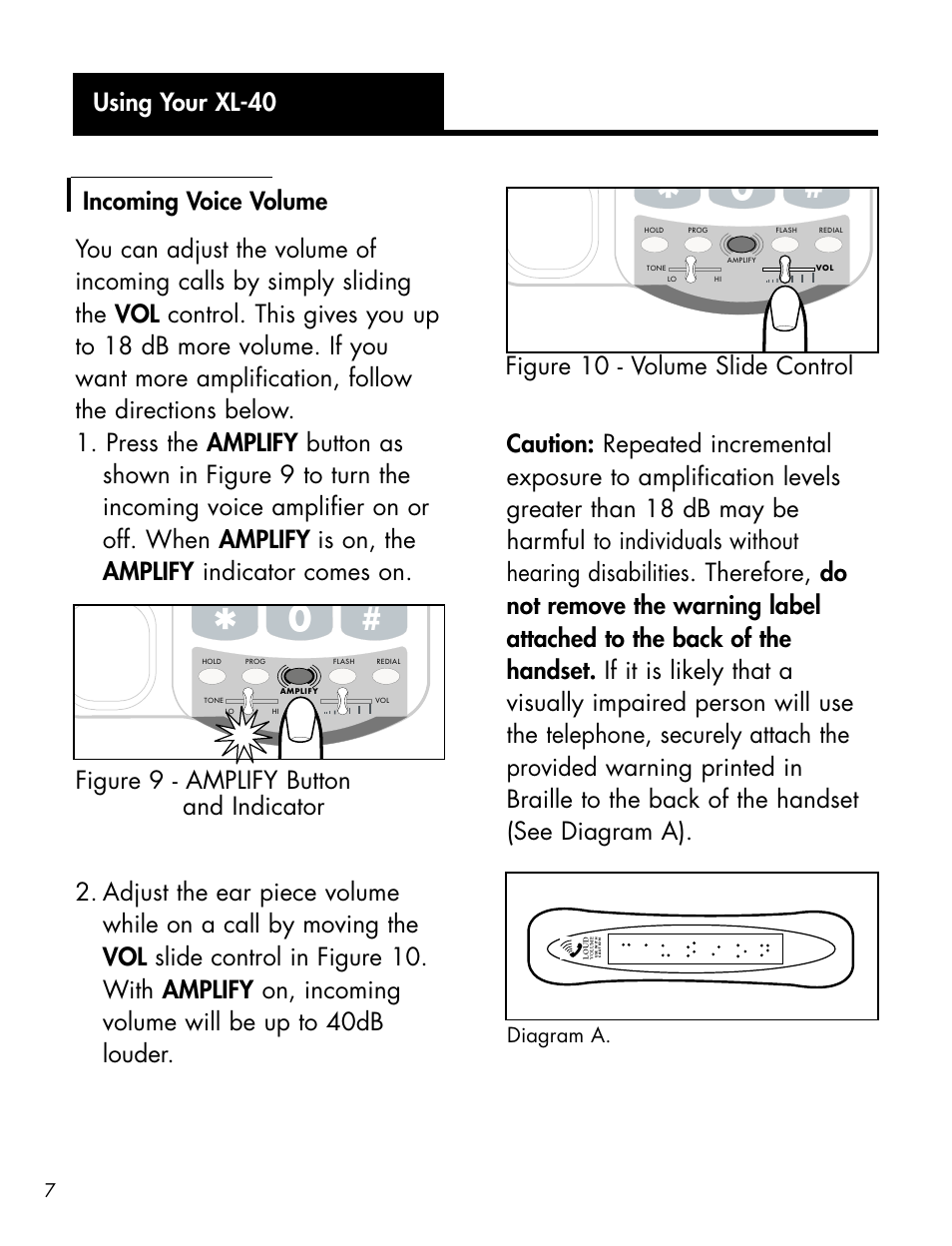 Figure 9 - amplify button and indicator, Figure 10 - volume slide control, Diagram a | Ameriphone XL-40 User Manual | Page 13 / 88