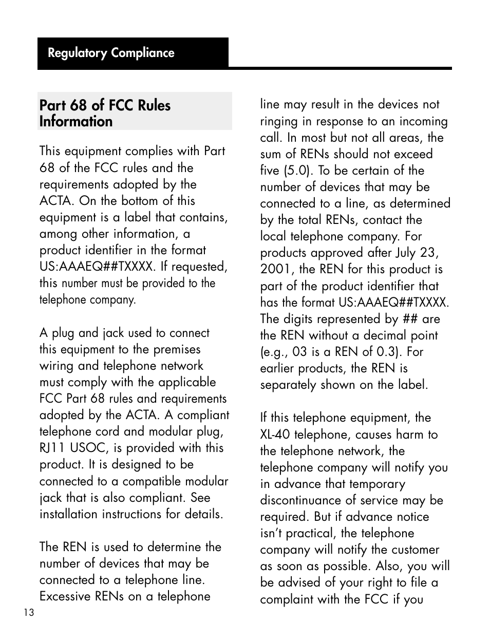 Part 68 of fcc rules information | Ameriphone XL-40 User Manual | Page 19 / 88