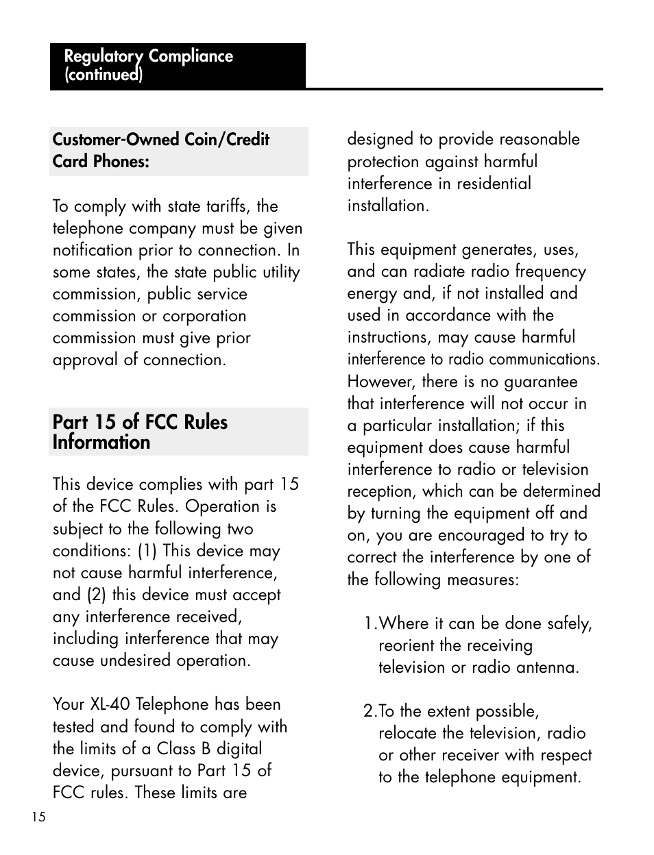 Part 15 of fcc rules information | Ameriphone XL-40 User Manual | Page 21 / 88