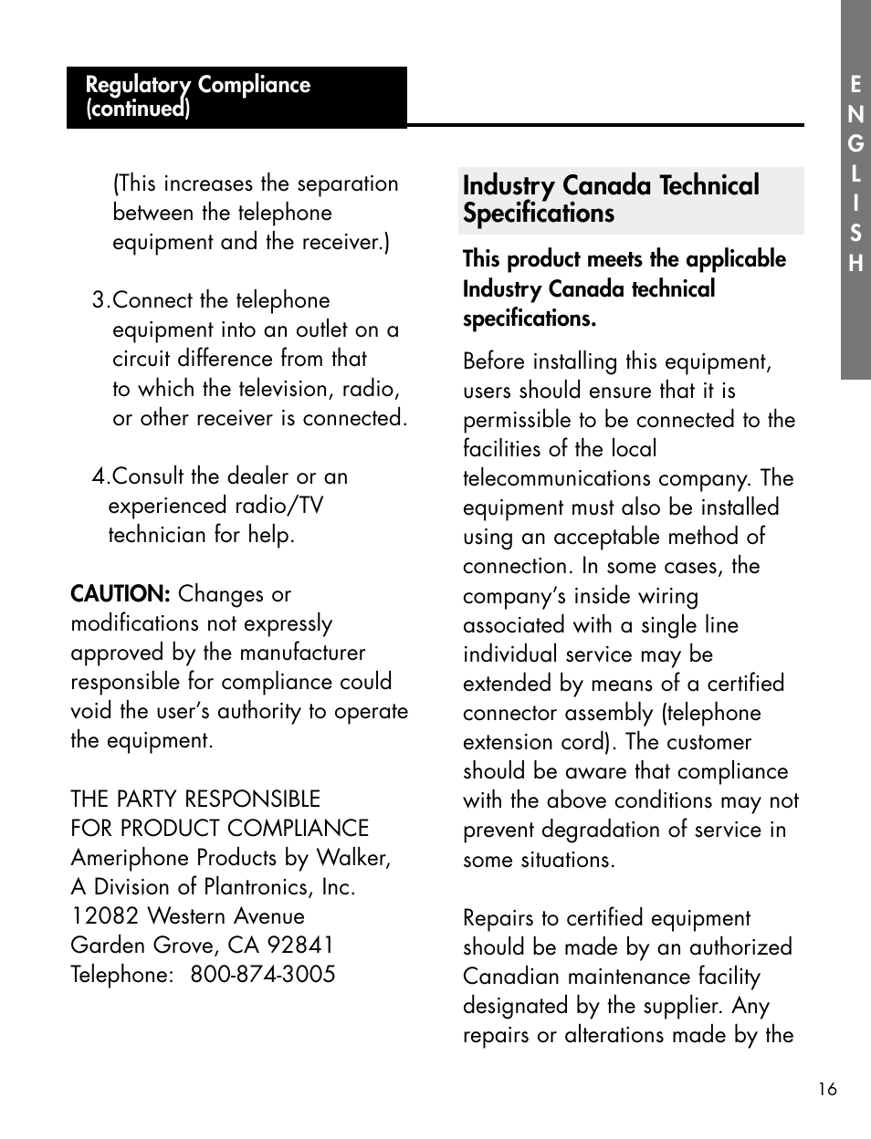 Industry canada technical specifications | Ameriphone XL-40 User Manual | Page 22 / 88