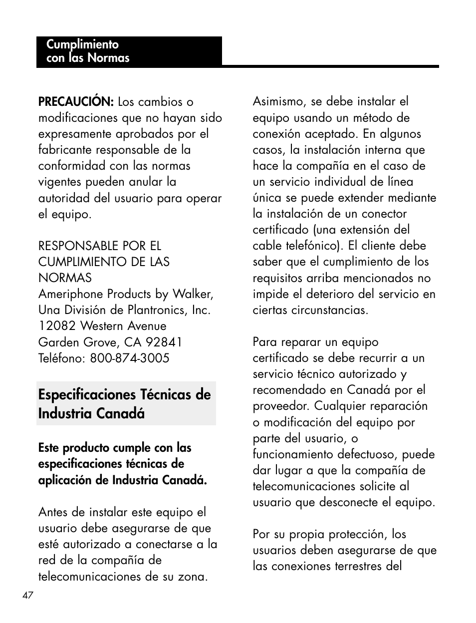 Especificaciones técnicas de industria canadá | Ameriphone XL-40 User Manual | Page 53 / 88