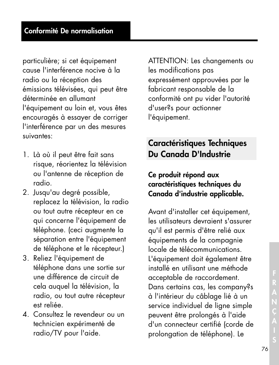 Caractéristiques techniques du canada d'industrie | Ameriphone XL-40 User Manual | Page 82 / 88