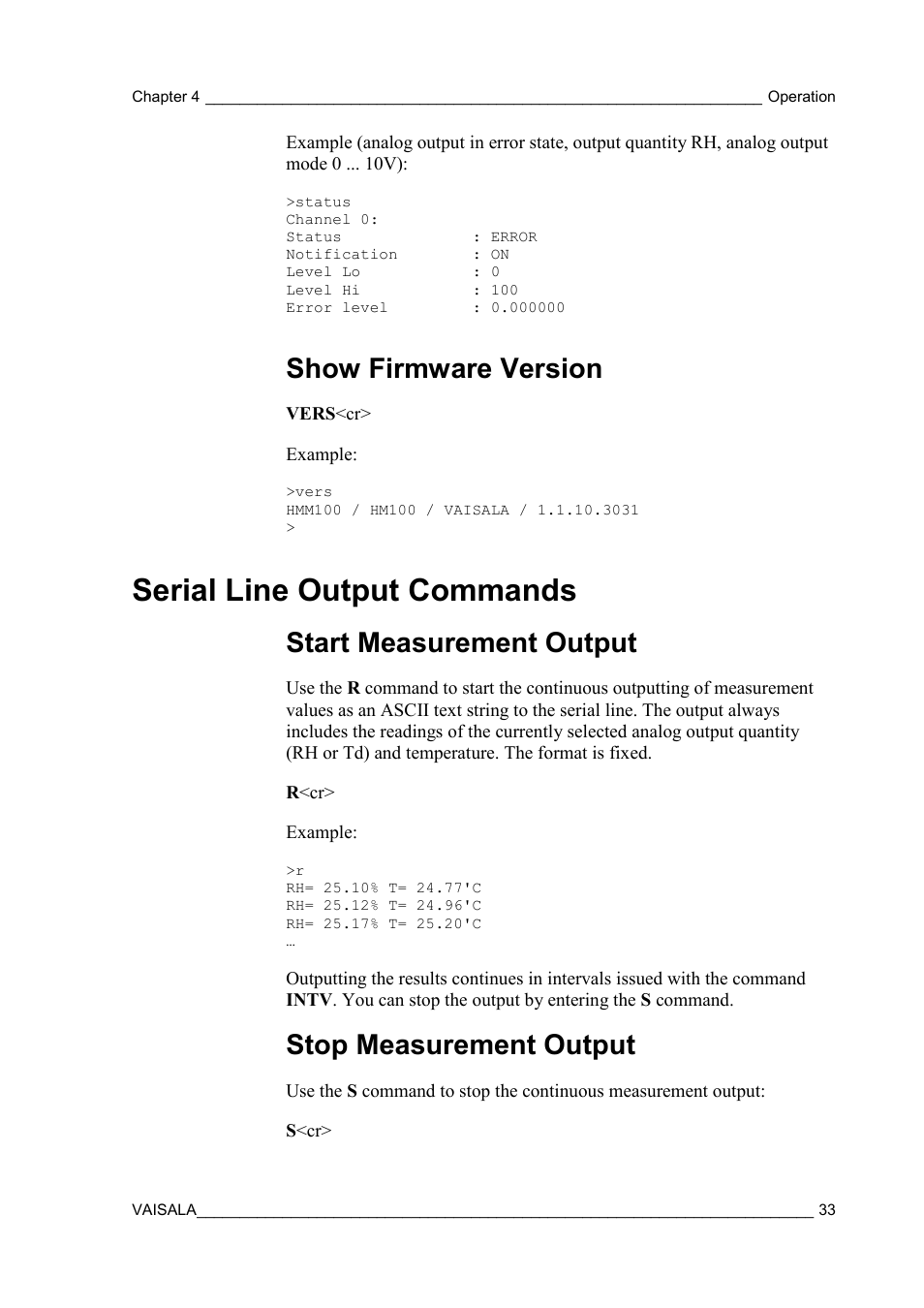 Show firmware version, Serial line output commands, Start measurement output | Stop measurement output | Vaisala HMM100 User Manual | Page 35 / 71