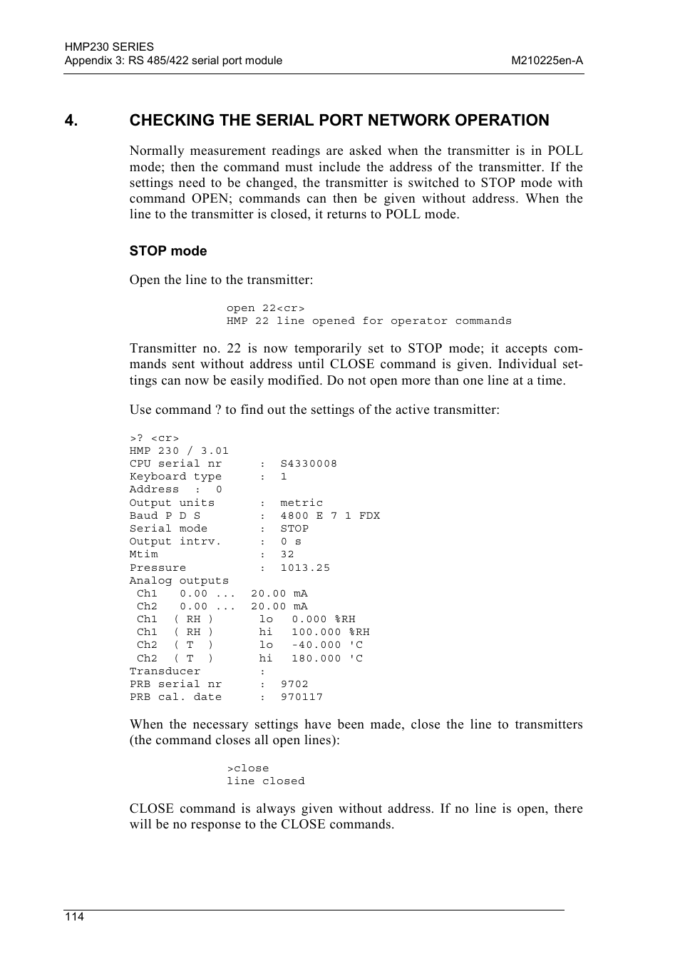 Checking the serial port network operation, Stop mode | Vaisala HMP230 User Manual | Page 120 / 163