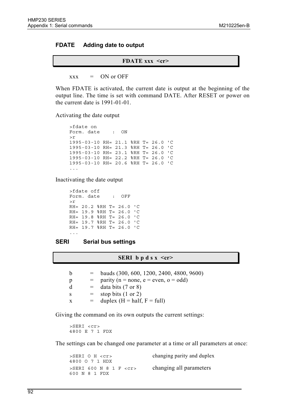 Fdate adding date to output, Seri serial bus settings, Fdate | Adding date to output, Seri, Serial bus settings | Vaisala HMP230 User Manual | Page 98 / 163