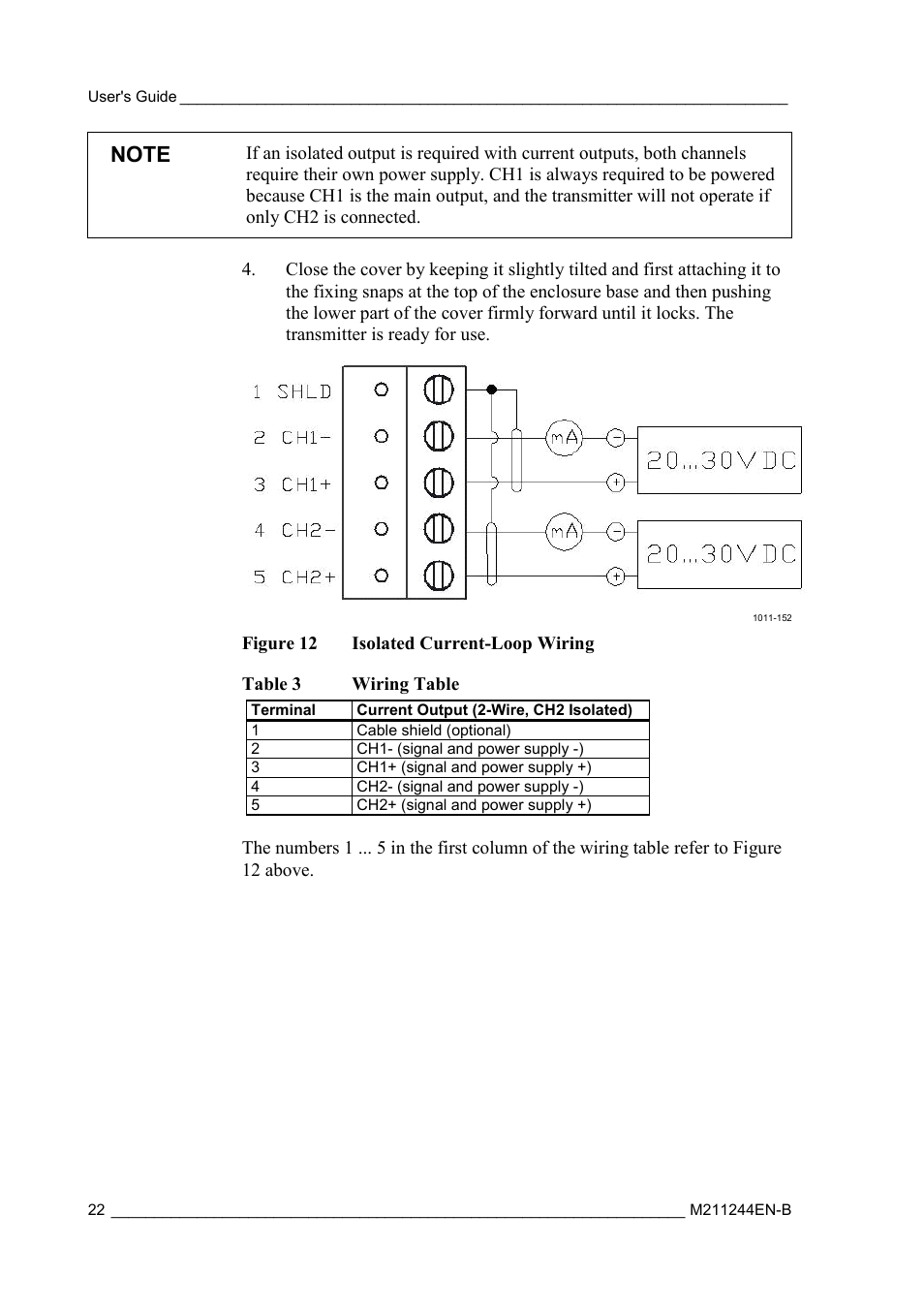 Figure 12, Isolated current-loop wiring, Table 3 | Wiring table, Figure 12 a | Vaisala HMT120 User Manual | Page 24 / 87