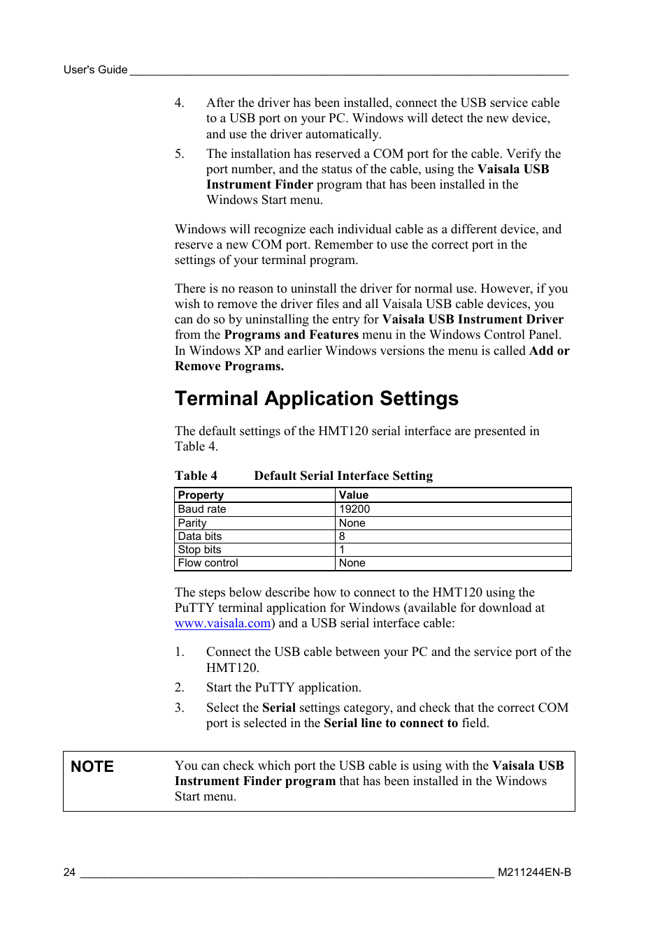 Terminal application settings, Table 4, Default serial interface setting | Vaisala HMT120 User Manual | Page 26 / 87