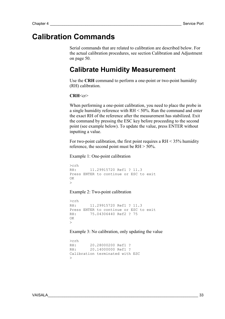 Calibration commands, Calibrate humidity measurement | Vaisala HMT120 User Manual | Page 35 / 87