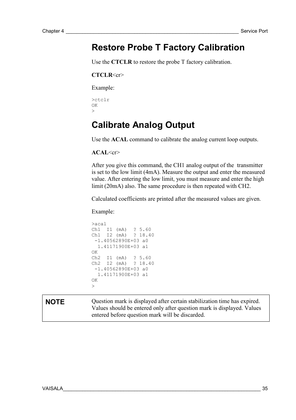 Restore probe t factory calibration, Calibrate analog output | Vaisala HMT120 User Manual | Page 37 / 87