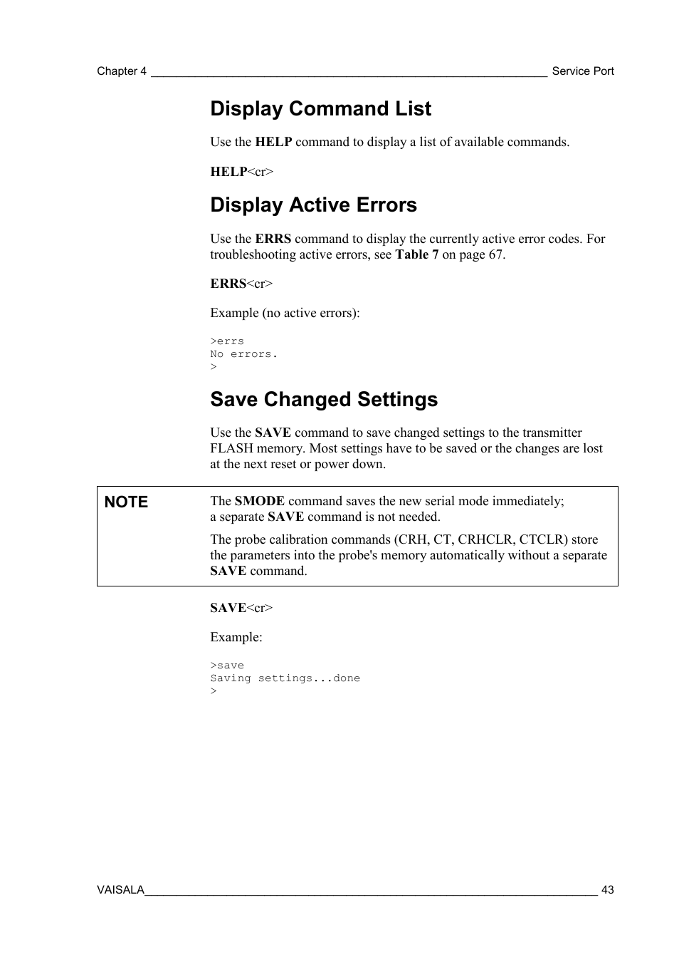 Display command list, Display active errors, Save changed settings | Vaisala HMT120 User Manual | Page 45 / 87