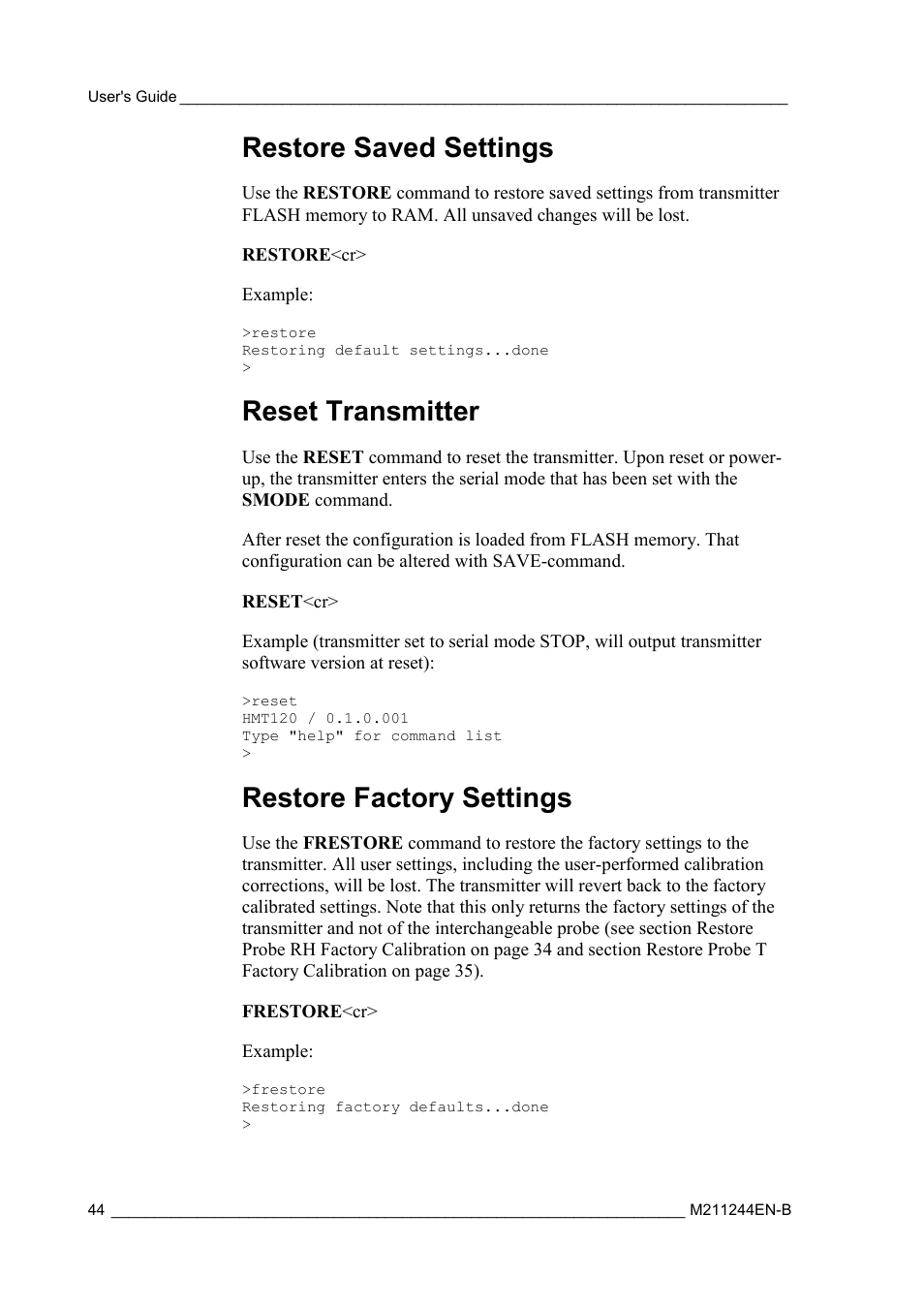 Restore saved settings, Reset transmitter, Restore factory settings | Vaisala HMT120 User Manual | Page 46 / 87