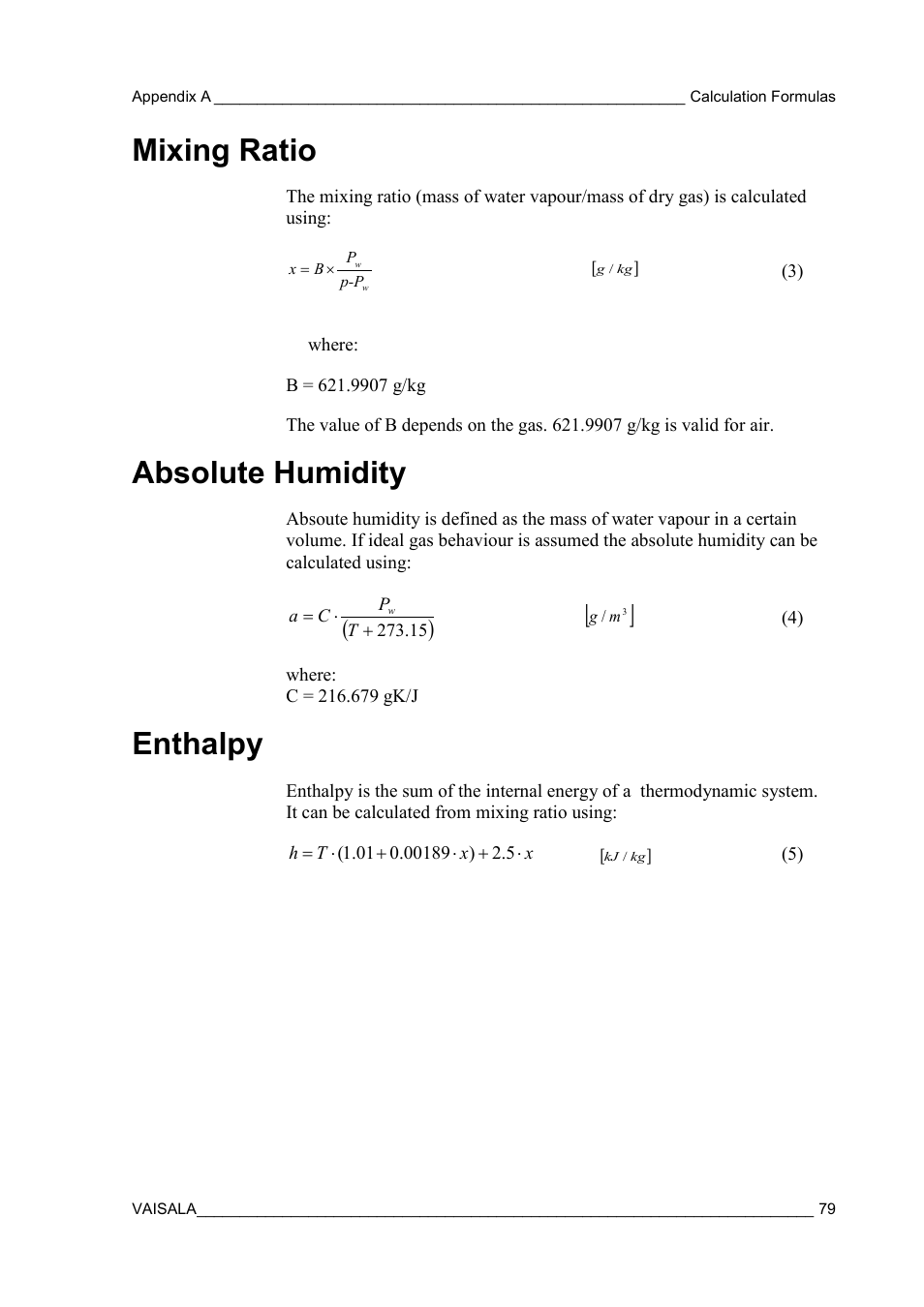 Mixing ratio, Absolute humidity, Enthalpy | Vaisala HMT120 User Manual | Page 81 / 87