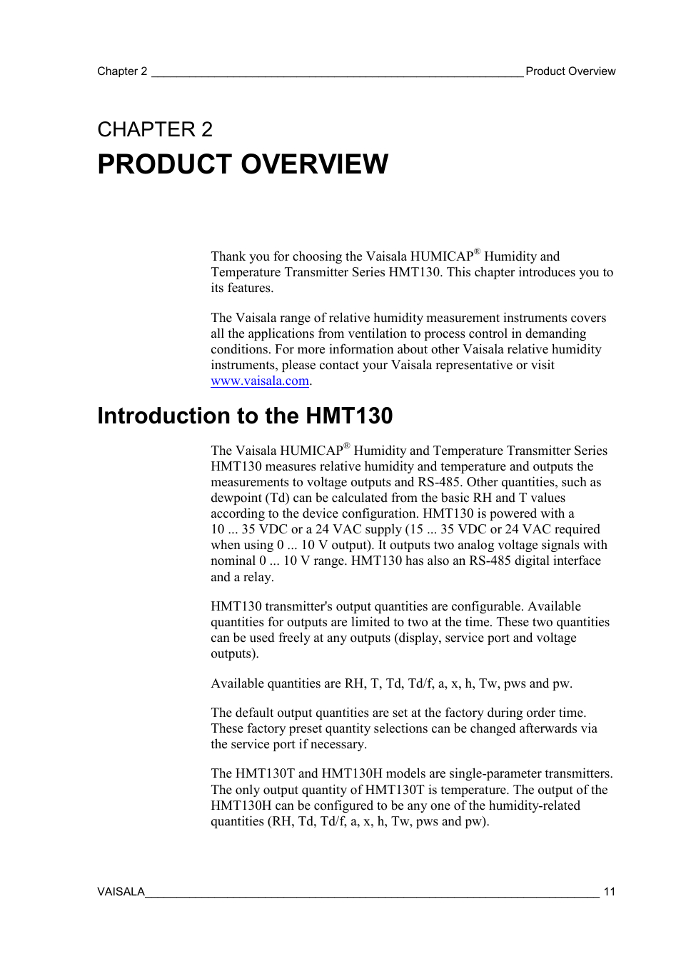 Product overview, Introduction to the hmt130, Chapter 2 | Chapter 2, product overview, pr | Vaisala HMT130 User Manual | Page 13 / 95