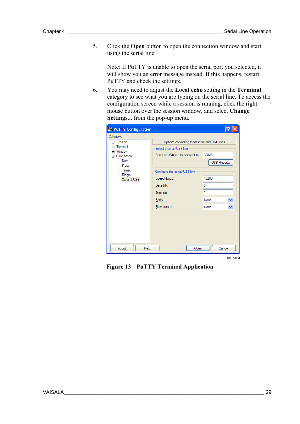 Figure 13, Putty terminal application | Vaisala HMT130 User Manual | Page 31 / 95