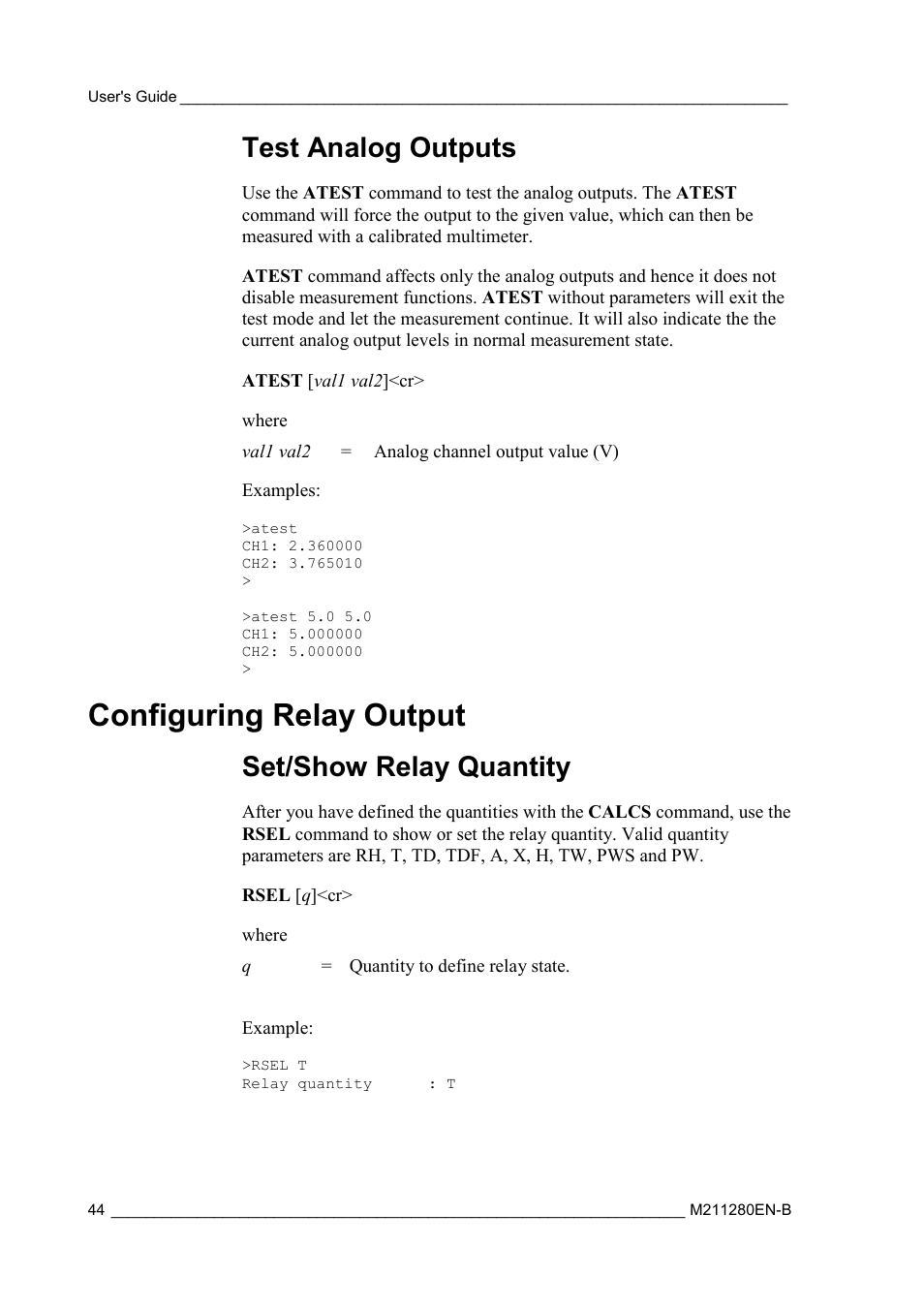 Test analog outputs, Configuring relay output, Set/show relay quantity | Vaisala HMT130 User Manual | Page 46 / 95