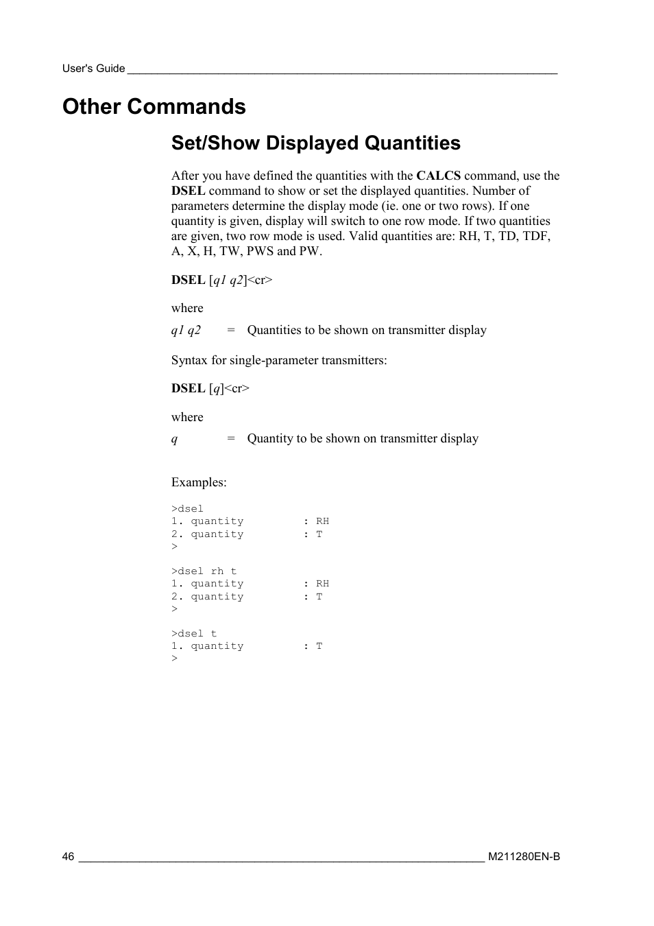 Other commands, Set/show displayed quantities | Vaisala HMT130 User Manual | Page 48 / 95