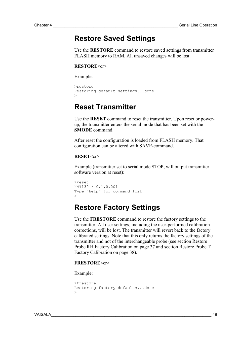 Restore saved settings, Reset transmitter, Restore factory settings | Vaisala HMT130 User Manual | Page 51 / 95