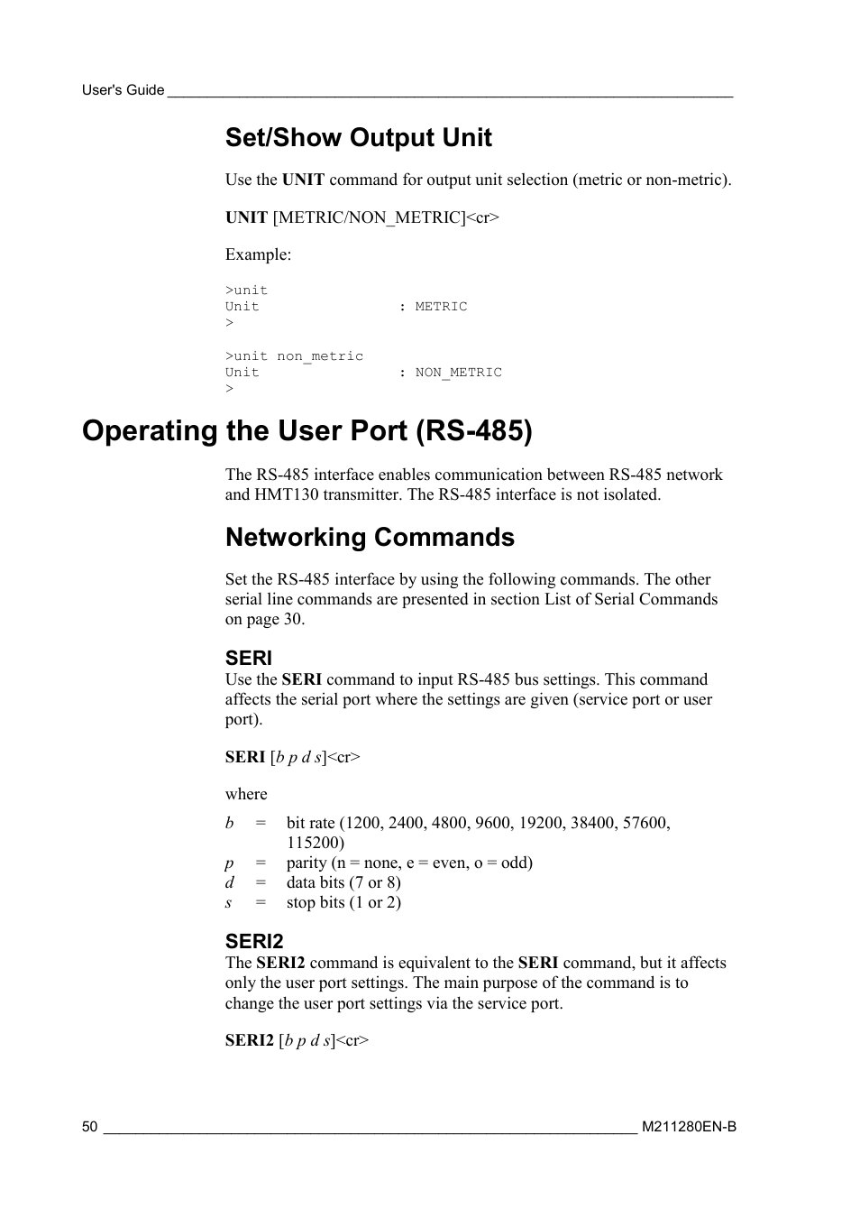 Set/show output unit, Operating the user port (rs-485), Networking commands | Seri, Seri2 | Vaisala HMT130 User Manual | Page 52 / 95