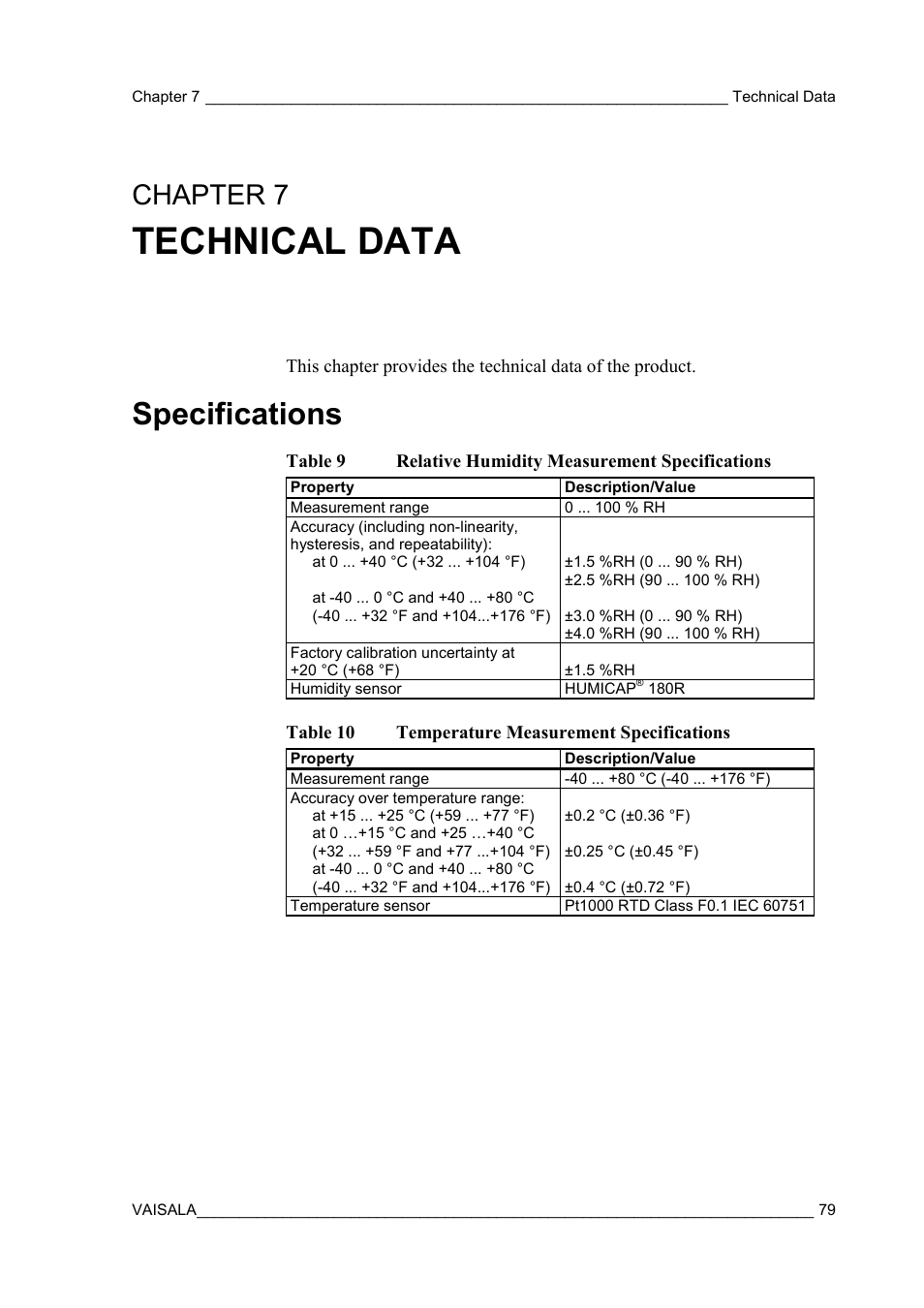 Technical data, Specifications, Chapter 7 | Table 9, Relative humidity measurement specifications, Table 10, Temperature measurement specifications, Chapter 7, technical data | Vaisala HMT130 User Manual | Page 81 / 95