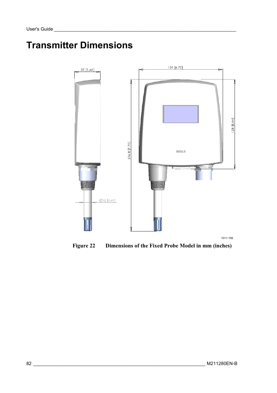 Transmitter dimensions, Figure 22, Dimensions of the fixed probe model in mm (inches) | Vaisala HMT130 User Manual | Page 84 / 95