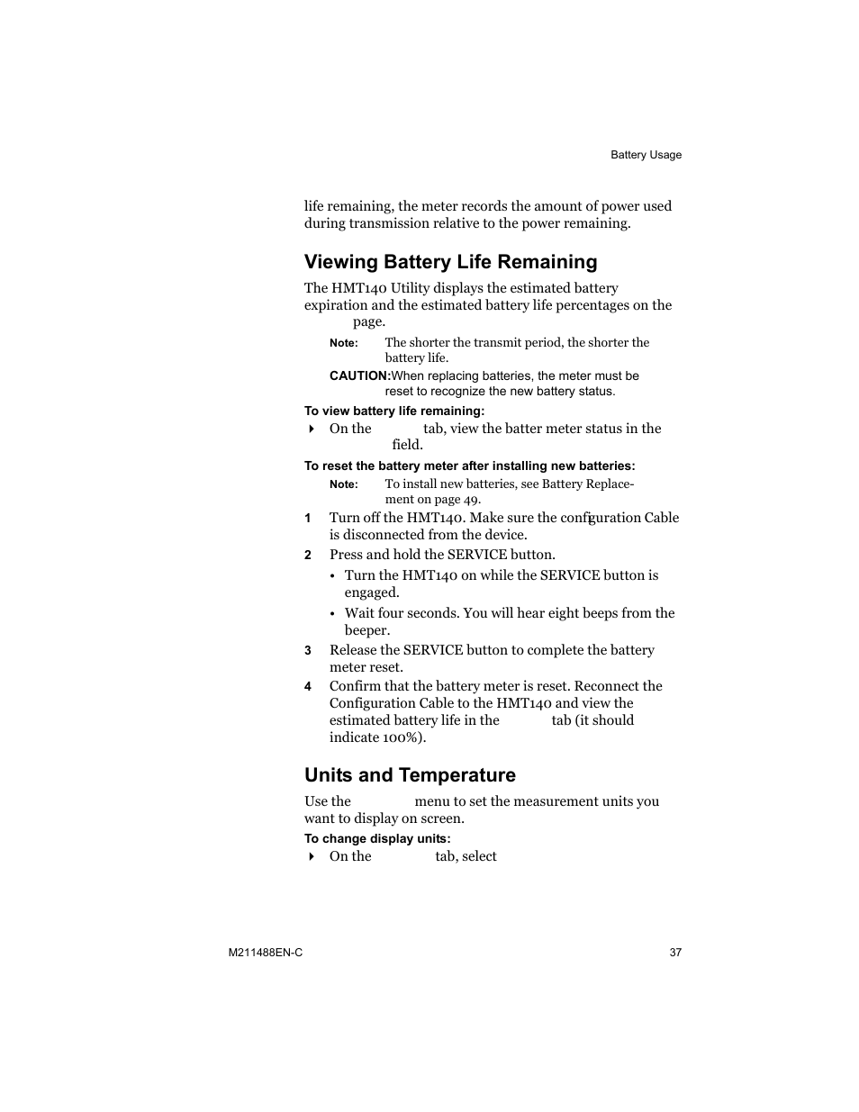 Viewing battery life remaining, Units and temperature | Vaisala HMT140 User Manual | Page 45 / 76
