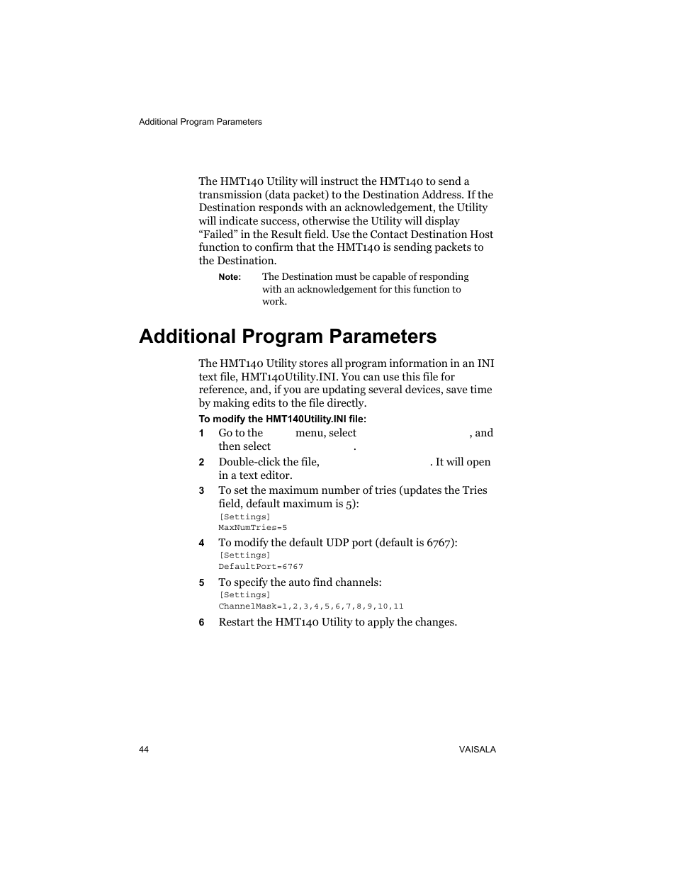 Contact destination host, Additional program parameters | Vaisala HMT140 User Manual | Page 52 / 76