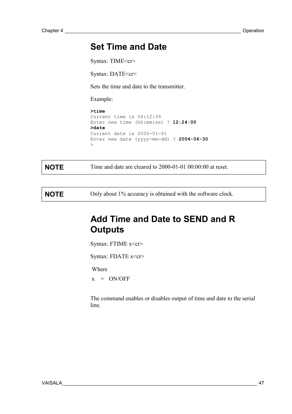 Set time and date, Add time and date to send and r outputs | Vaisala HMT310 User Manual | Page 47 / 105