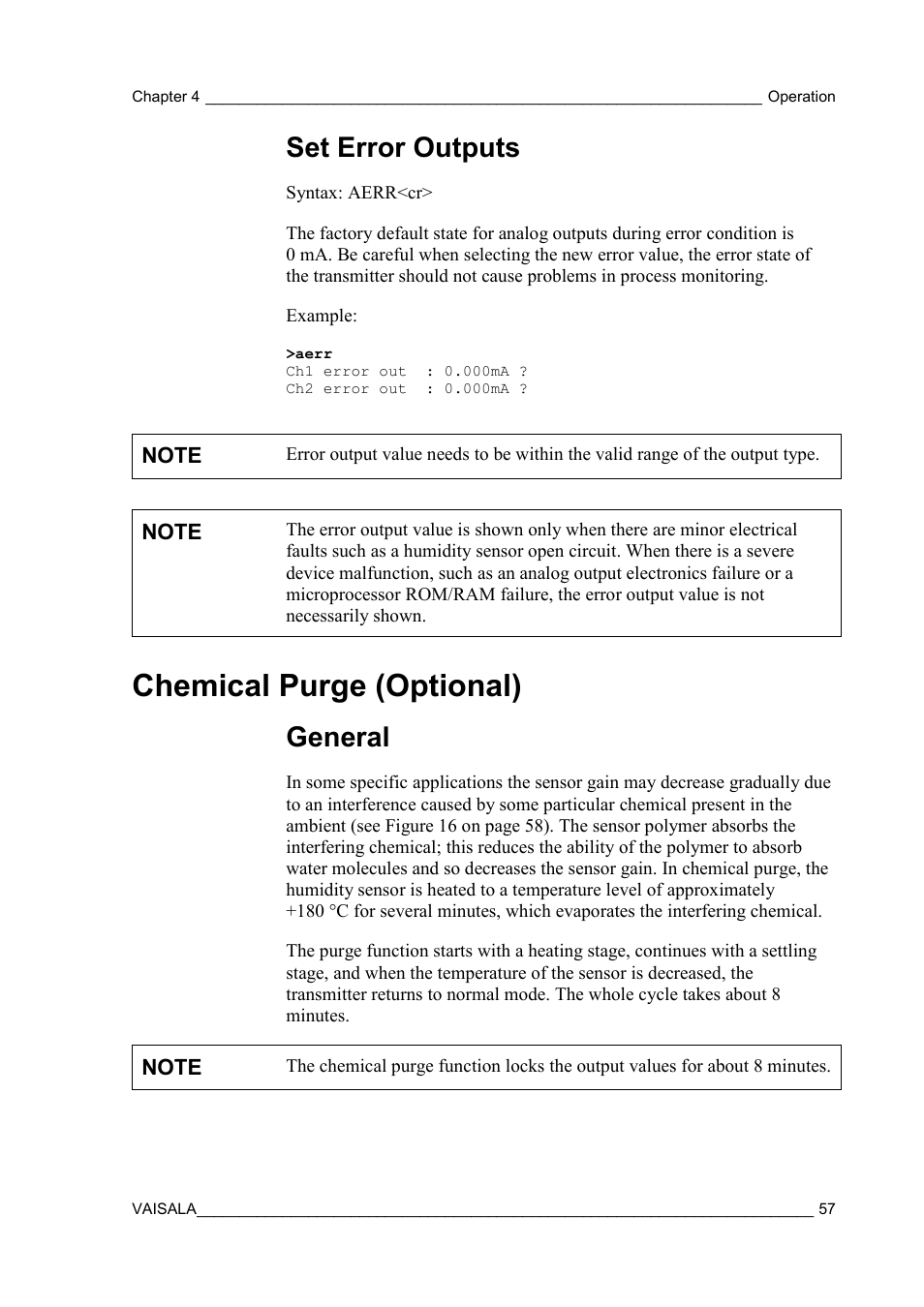 Set error outputs, Chemical purge (optional), General | Vaisala HMT310 User Manual | Page 57 / 105