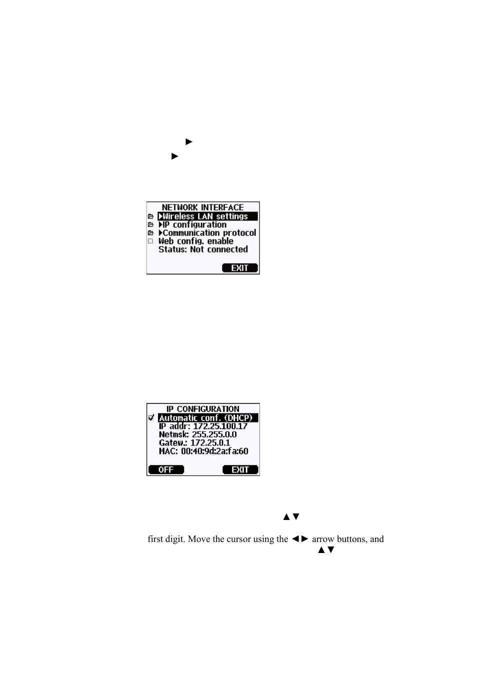 Using display/keypad, Figure 53, Network interface menu | Figure 54, Ip configuration menu | Vaisala HMT330 User Manual | Page 86 / 209
