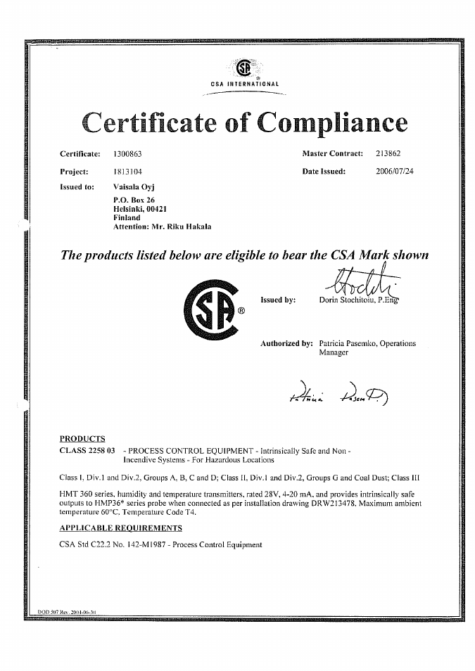 Csa certificate of compliance | Vaisala HMT360 User Manual | Page 56 / 63