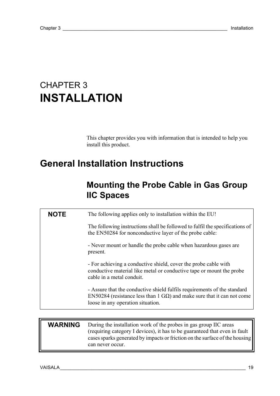 Chapter 3 installation, General installation instructions, Mounting the probe cable in gas group iic spaces | Chapter 3, Installation | Vaisala HMT360 User Manual | Page 21 / 97