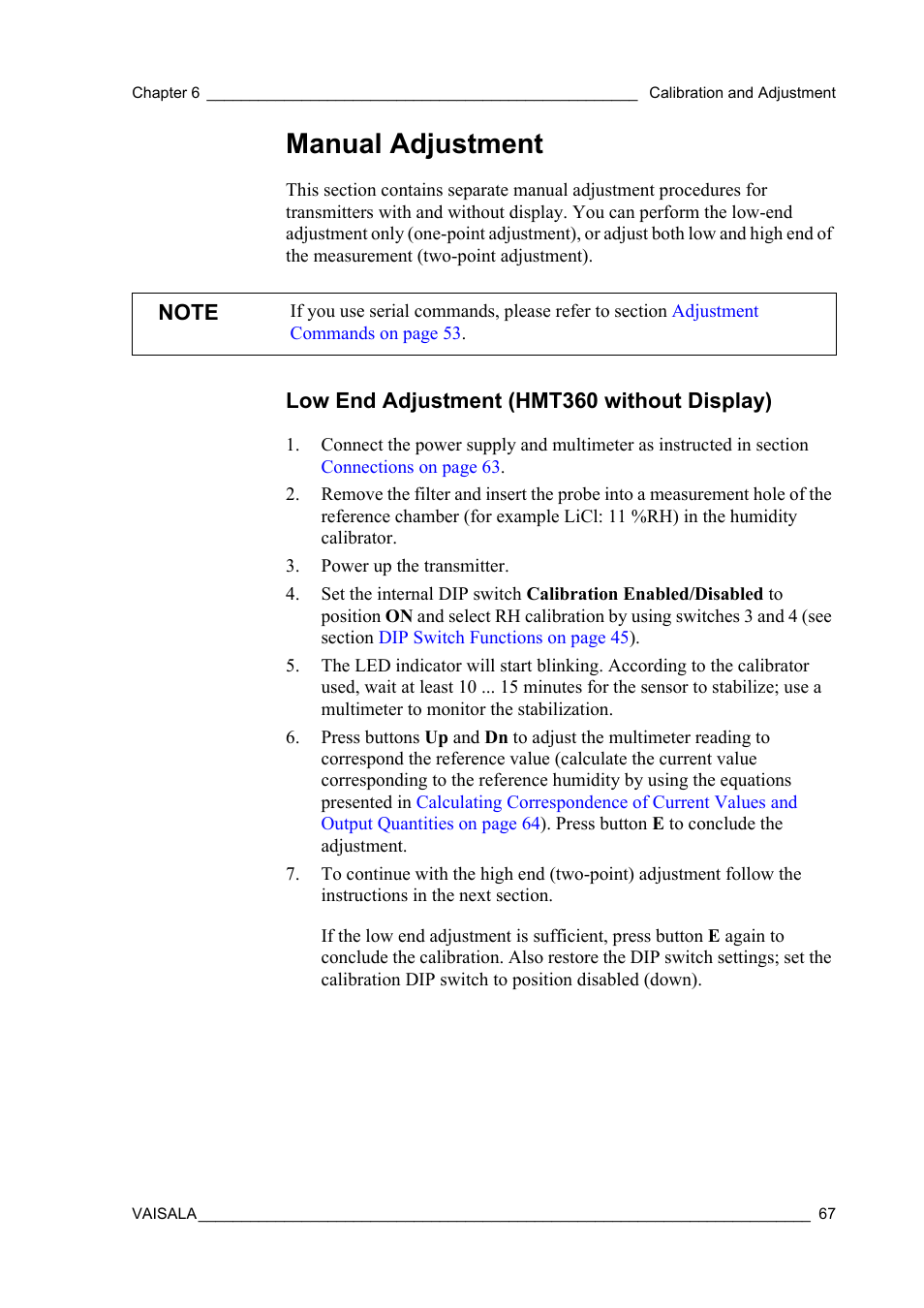 Manual adjustment, Low end adjustment (hmt360 without display) | Vaisala HMT360 User Manual | Page 69 / 97