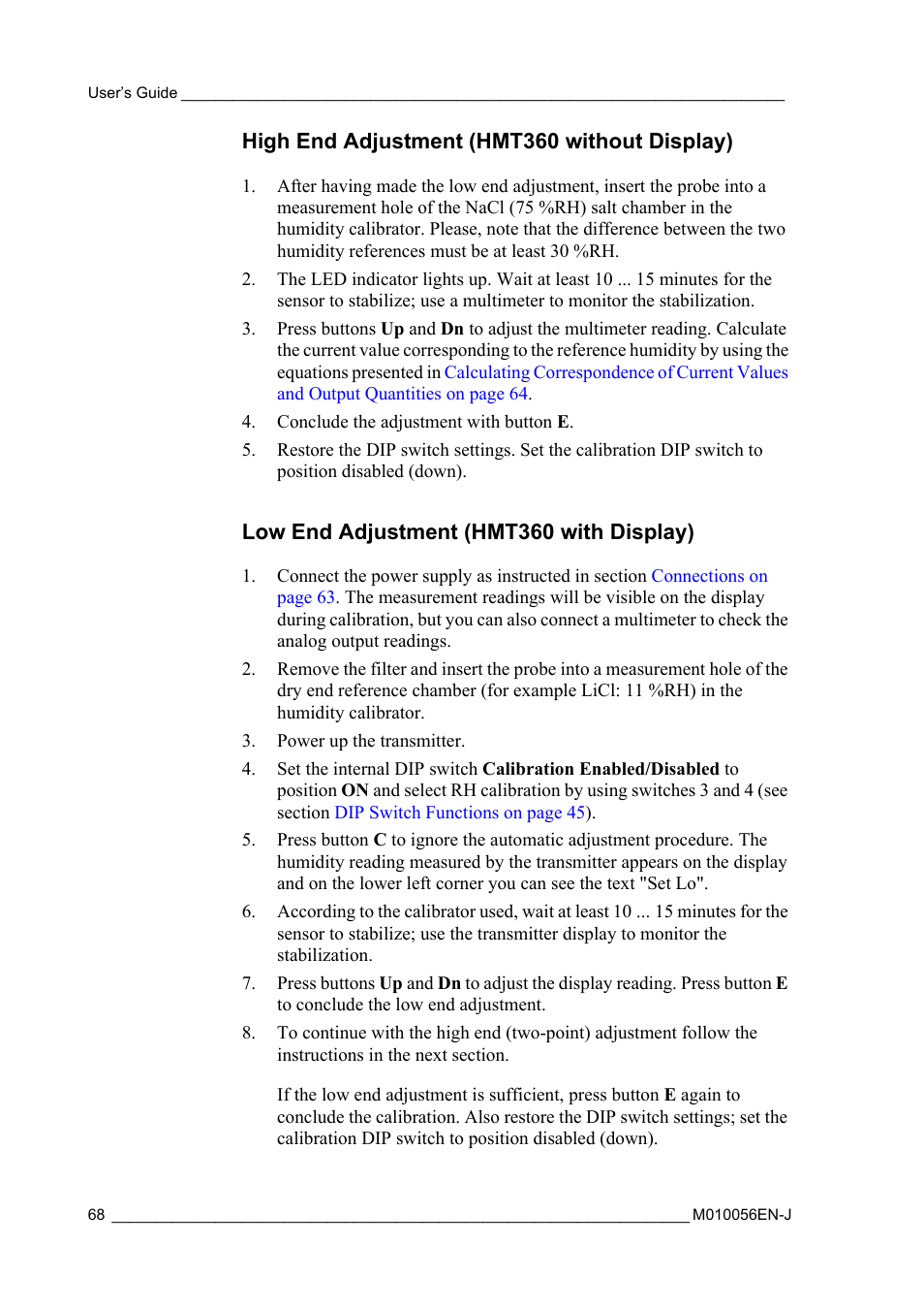 High end adjustment (hmt360 without display), Low end adjustment (hmt360 with display) | Vaisala HMT360 User Manual | Page 70 / 97