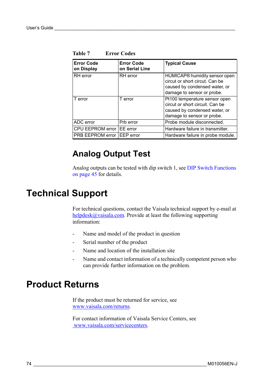 Analog output test, Technical support, Product returns | Technical support product returns, Table 7, Error codes, See section, For c, Reports an error; see | Vaisala HMT360 User Manual | Page 76 / 97