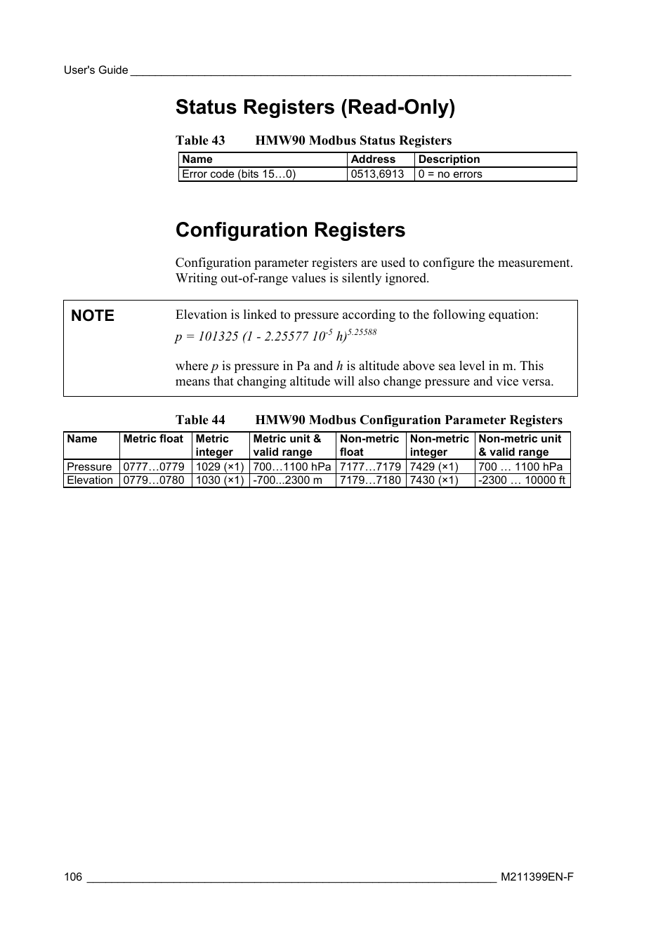 Status registers (read-only), Configuration registers | Vaisala HMW90 User Manual | Page 108 / 110