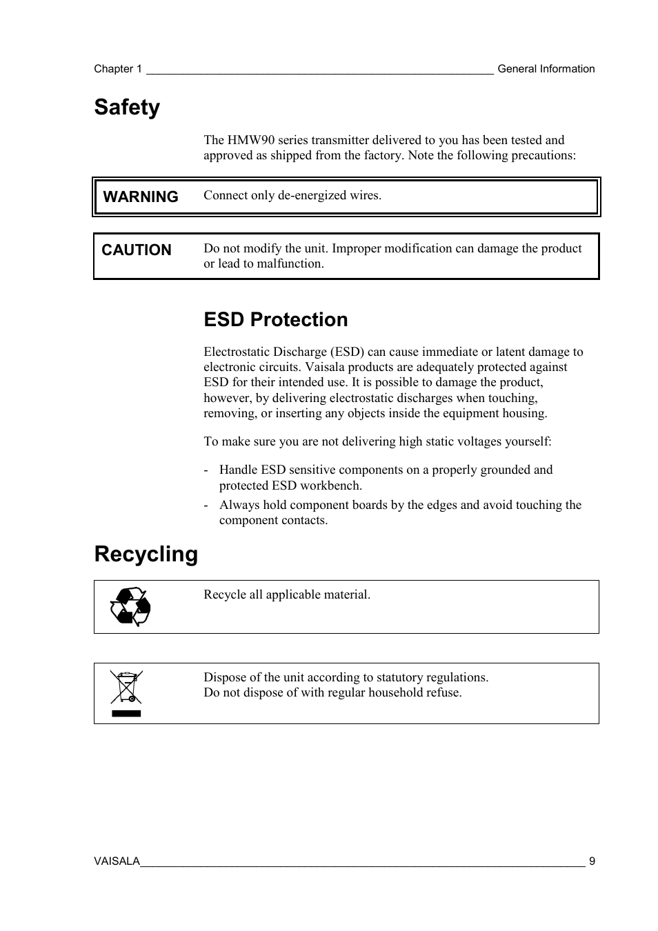 Safety, Esd protection, Recycling | Vaisala HMW90 User Manual | Page 11 / 110