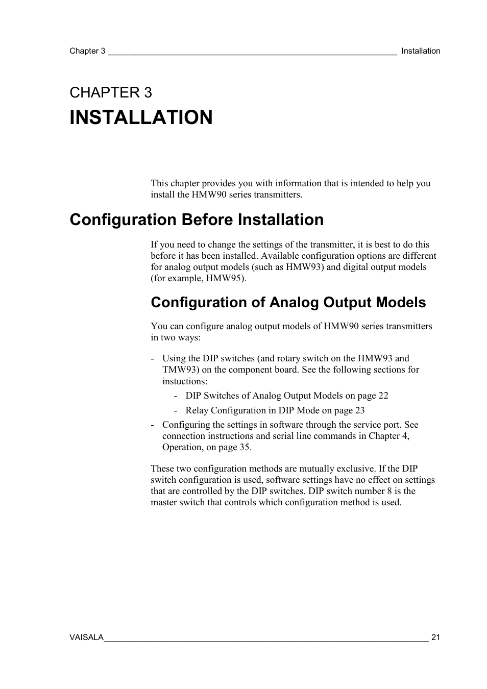 Installation, Configuration before installation, Configuration of analog output models | Chapter 3, Chapter 3, installation | Vaisala HMW90 User Manual | Page 23 / 110