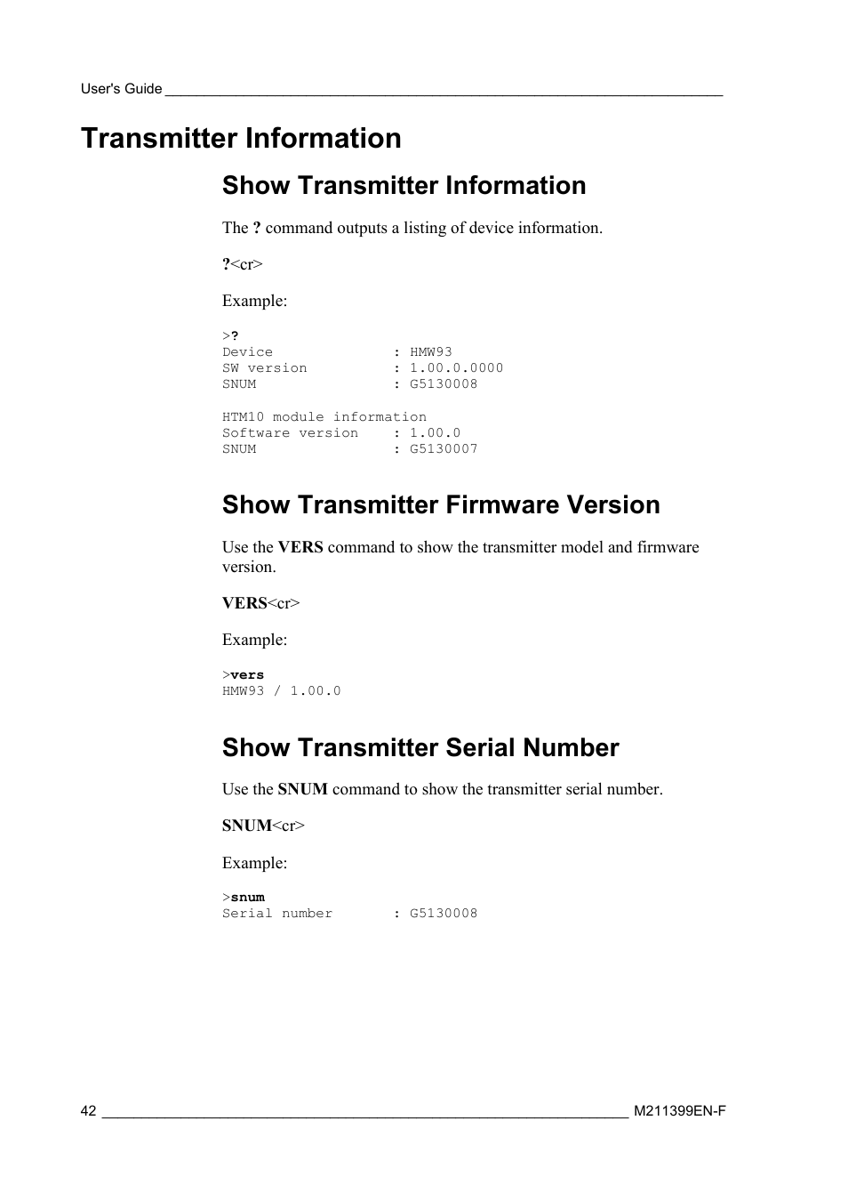 Transmitter information, Show transmitter information, Show transmitter firmware version | Show transmitter serial number | Vaisala HMW90 User Manual | Page 44 / 110