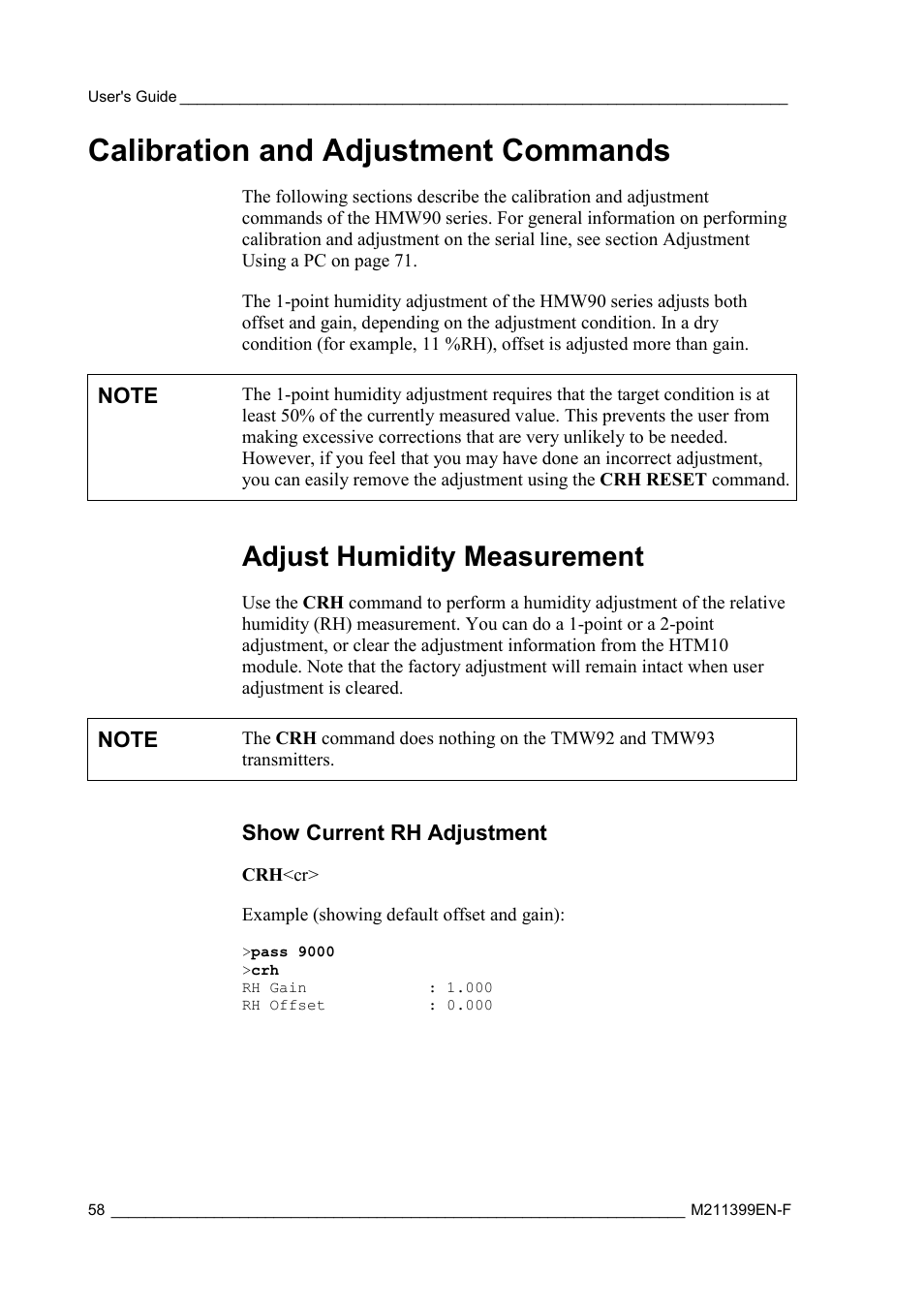 Calibration and adjustment commands, Adjust humidity measurement, Show current rh adjustment | Vaisala HMW90 User Manual | Page 60 / 110