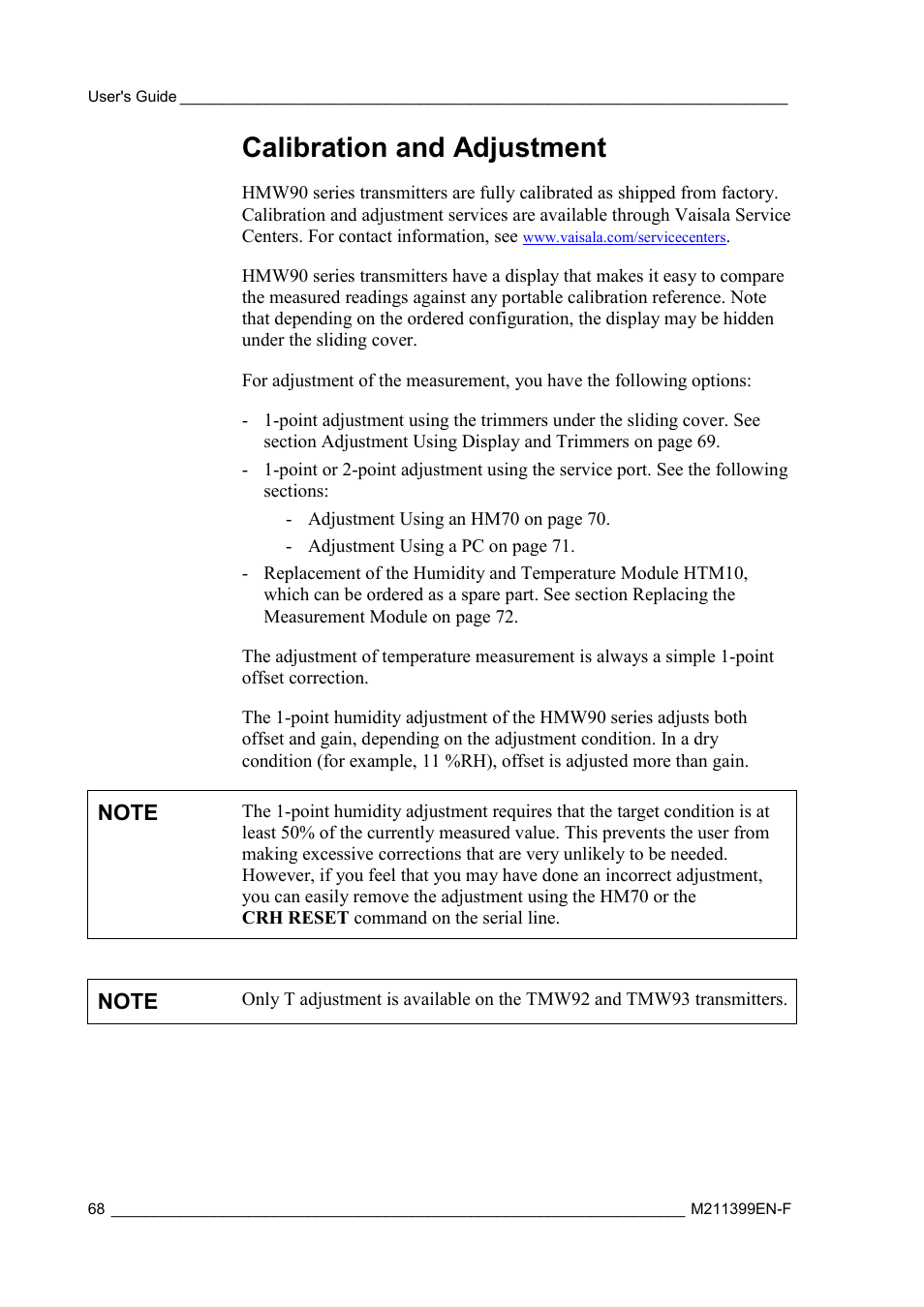 Calibration and adjustment | Vaisala HMW90 User Manual | Page 70 / 110